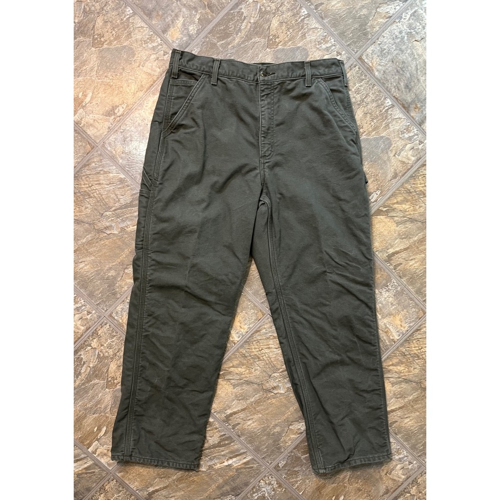 Carhartt Carpenter Pants Mens 36x30 Green Canvas Flannel Lined BN0111-M
